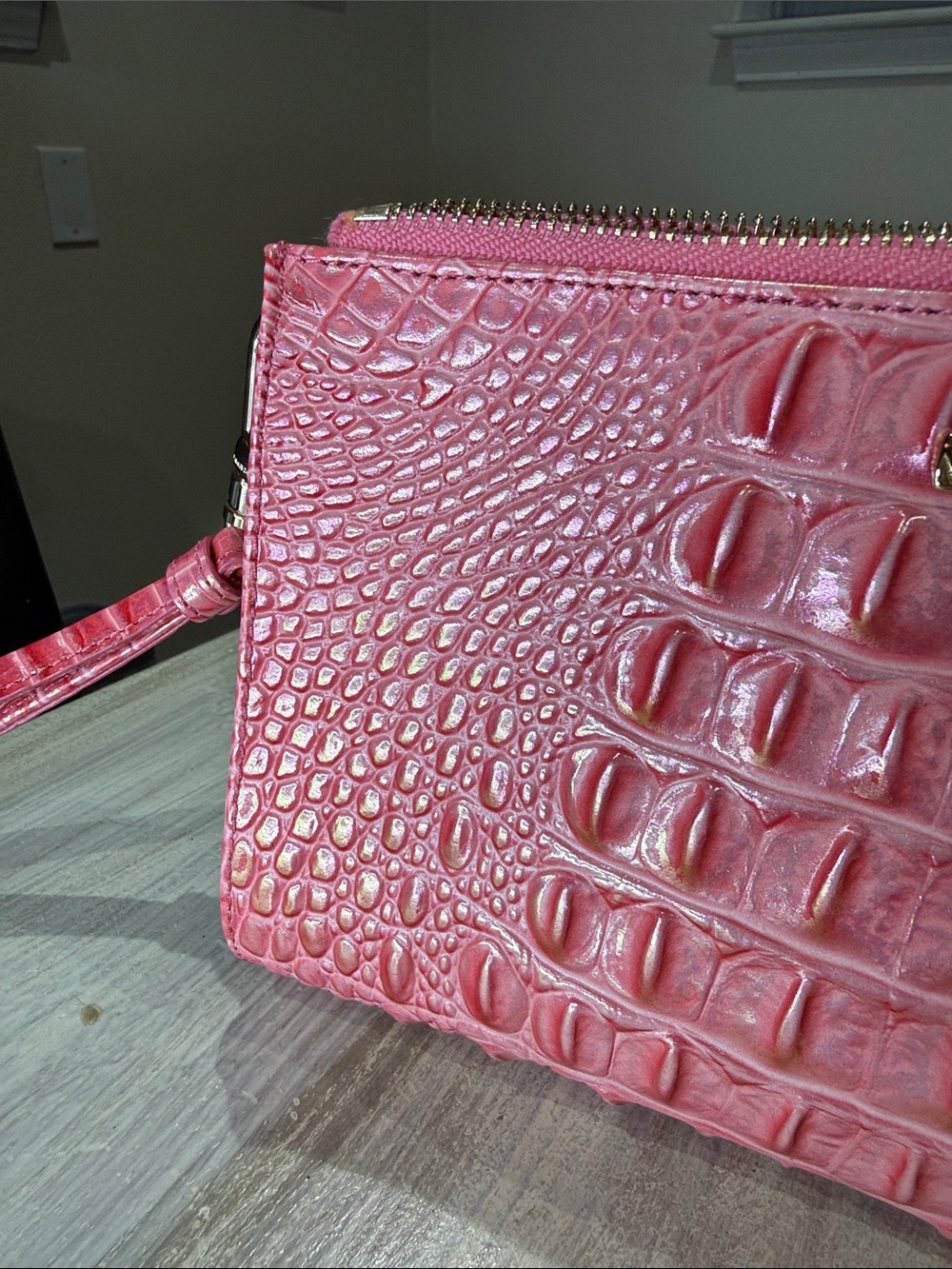 Brahmin Metallic Pink Daisy Croc-Embossed Leather Wristlet with Gold Hardware - Picture 4 of 9